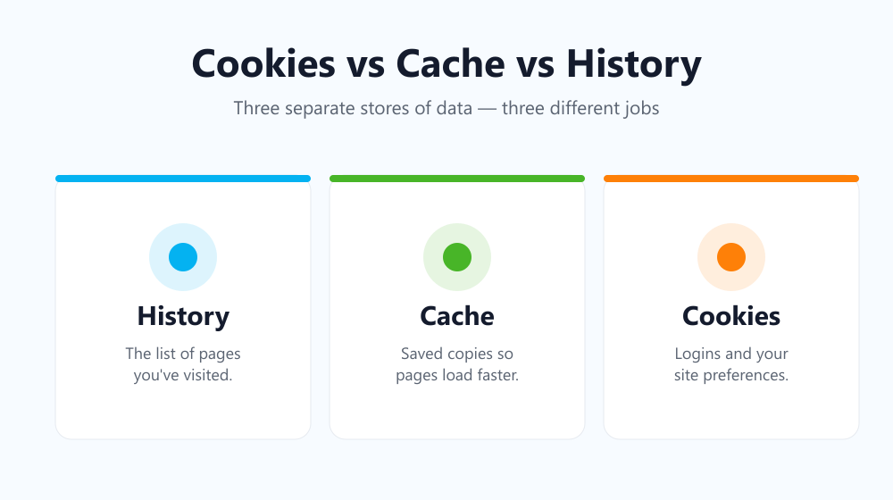 Cookies vs cache vs history compared side by side