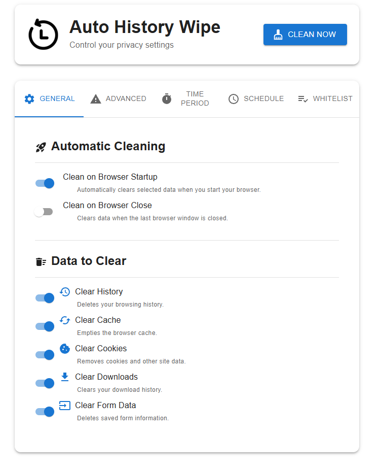 Settings used to delete browsing history automatically in Chrome