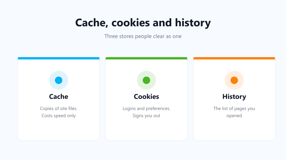 Cache, cookies and history compared